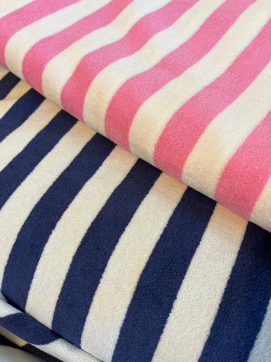 Terry towel fabric - pink and navy blue stripes