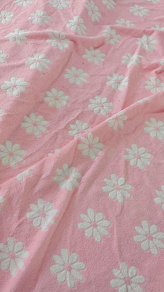 Back order- pink and white daisy -Jacquard cotton terry towel fabric- arrives end October