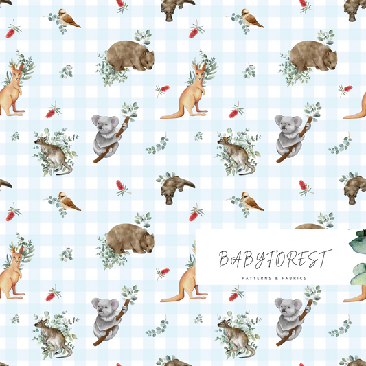 Aussie animals on Blue gingham