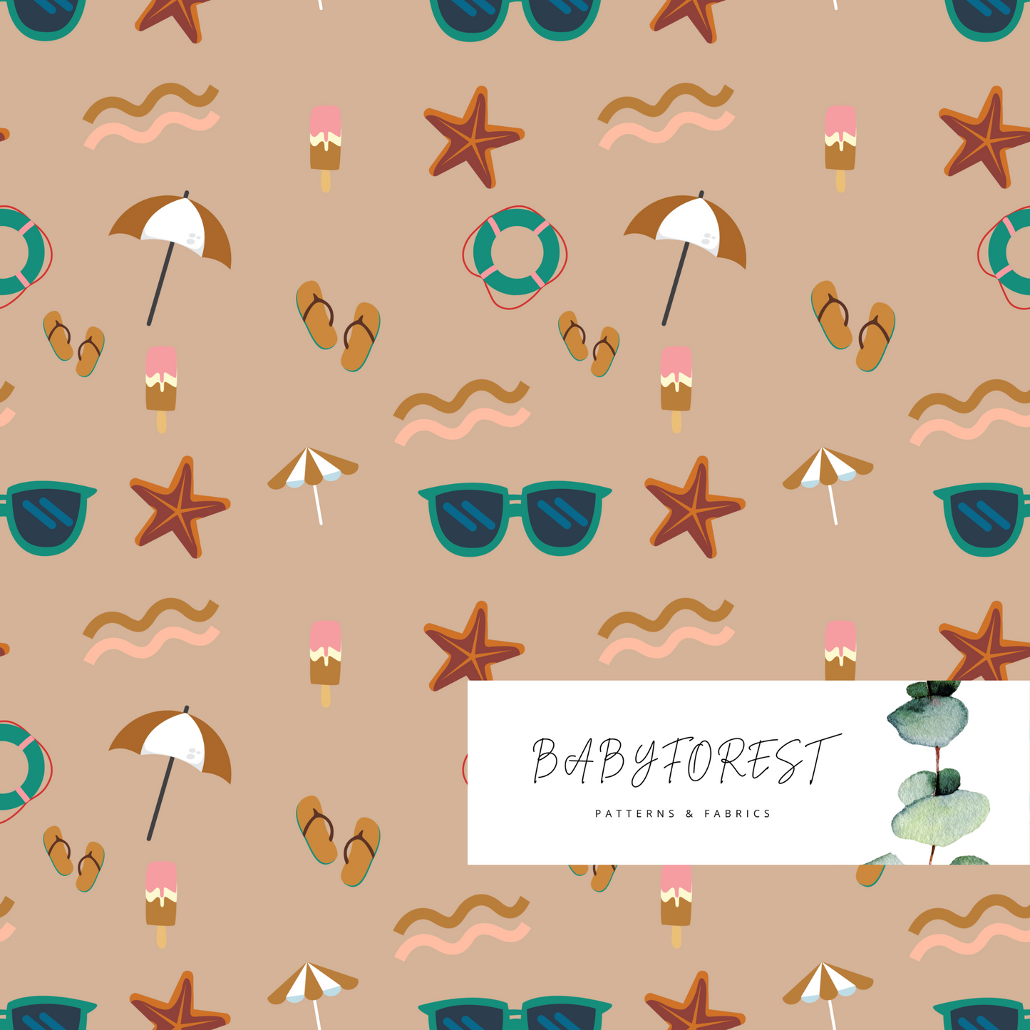 Boho beach on beige seamless pattern